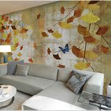 现代中式大型壁画客厅卧室电视沙发背景墙纸怀旧复古银杏树叶壁纸
