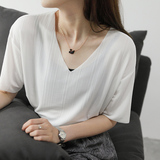 夏季韩版冰丝白色基础款V领宽松显瘦短袖T恤女纯色大码打底衫上衣