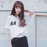 夏季新款韩版竖条纹棒球服领棉麻短袖T恤女宽松休闲衬衣短款上衣