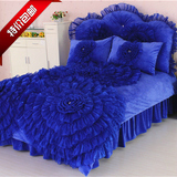 冬季保暖韩版珊瑚绒四件套蕾丝宝蓝色床上1.8m床裙被套短毛法莱绒