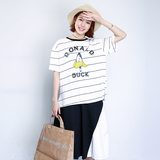 2016韩版条纹短袖T恤女学生休闲夏季新款大码女装胖mm宽松打底衫