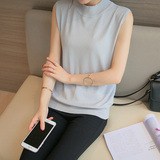 夏装新款2016韩版时尚女士修身半高领背心纯色薄款无袖针织衫打底