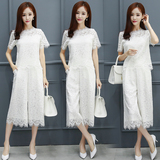 2016新款女装夏两件套韩版白色短袖蕾丝上衣阔腿裤休闲时尚套装女