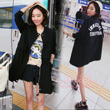 韩国代购2016秋季韩版女大码中长款收腰宽松长袖黑色薄风衣外套潮