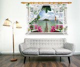 3d立体创意假窗户纱窗风景贴画卧室沙发客厅背景装饰墙贴海岛风情