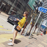 韩版简约不规则纯色露背宽松T恤女夏中长款后背镂空半袖针织上衣