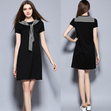 夏季新款欧美时尚条纹圆领宽松显瘦海军风中裙气质黑色短袖连衣裙