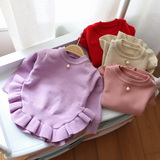 女童全棉线衣儿童春秋新款0-1-2-3岁女宝宝纯色针织衫百褶边毛衣