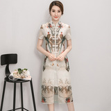 夏季中国民族风女装中长款印花盘扣复古旗袍连衣裙修身两件套装裙