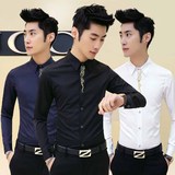 发型师夜店青年春夏季韩版男士修身型长袖衬衫个性绣花薄款衬衣潮