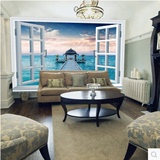 无纺布3D立体假窗户马尔代夫海景墙纸壁画卧室客厅沙发背景墙布
