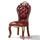 欧式真皮餐椅 实木橡木雕花椅 红棕描金头层牛皮餐椅餐桌配套椅凳