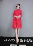 欧美蕾丝复古旗袍式连衣裙中长款修身 2016春季新款 蕾丝连衣裙