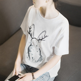 韩版夏装女纯棉圆领短袖t恤女宽松上衣女兔子印花图案白色体恤女