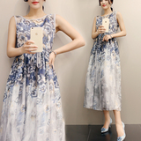 2016新款气质女装夏装韩版修身高腰长款连衣裙女无袖印花雪纺长裙
