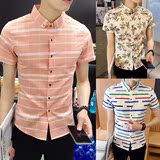 夏天日系时尚男生修身型短袖格子衬衫韩版青年亮色个性半袖衬衣潮
