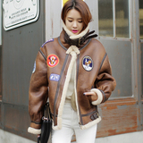 韩国麂皮绒羊羔毛棉衣徽章机车皮衣个性摇滚风夹克加厚短外套女