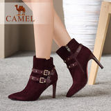 Camel骆驼女鞋2016新款通勤优雅短靴 真皮尖头超高跟细跟拉链女靴