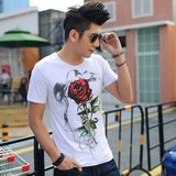 夏季男士短袖T恤圆领韩版修身纯棉霸气3D玫瑰花图案印花潮流体恤