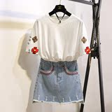 2016夏季新款韩版宽松圆领花朵刺绣贴布纯色短袖T恤女装2312