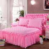 韩版公主蕾丝花边夹棉加厚床裙婚庆大红粉色床套床罩结婚1.8/2米