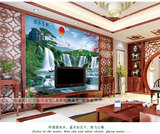 中式山水风景壁画电视背景墙流水生财壁画无缝壁画墙壁布大型壁画