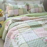 浅绿田园 拼布全棉绗缝被三件套衍缝床盖床单空调夏被外贸原单