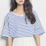 条纹t恤女夏短袖韩版宽松大码低领海军风上衣女装夏装2016新款潮