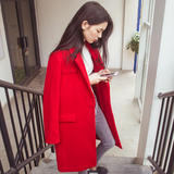 冬季新款红色呢子大衣女式中长款加厚毛呢长袖羊毛外套韩版修身潮