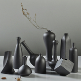 陶瓷花瓶手工粗陶花插现代黑铁釉日式简约家居装饰品摆件茶道花器