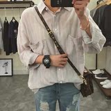 韩国订单 夏季女装韩版慵懒BF风防晒衫中长款竖条纹宽松长袖衬衫