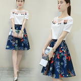 2016夏装新款女装印花连衣裙夏季韩版修身短袖两件套装裙大摆裙子