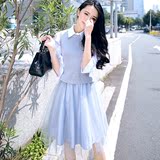 2016春装新款女装韩版网纱连衣裙针织背心两件套七分袖套装裙女潮
