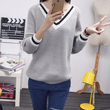 韩版秋季针织衫女版套头宽松毛衣常规长袖V领2016时尚新品mm上衣