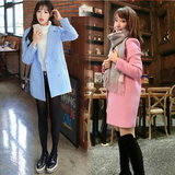 韩国代购反季节清仓女装韩版中长款粉色加厚毛呢外套修身呢子大衣