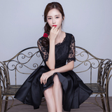 黑色宴会晚礼服 短款 2016夏新款韩版修身中袖主持人小礼服连衣裙