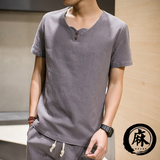 夏季男士棉麻短袖T恤青年中国风 男装加肥大码宽松亚麻衣服民族风