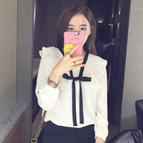 Yansae韩版衬衫女长袖蝴蝶结上衣荷叶领雪纺衫秋季新款显瘦衬衣
