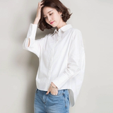 纯棉蝙蝠袖白衬衫女2016秋装新款 韩版褶皱前短后长宽松长袖衬衣