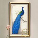 蓝孔雀美式有框装饰画欧式现代客厅卧室玄关挂画仿真油画喷绘画芯