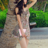 韩国milkcocoa2016夏季波西米亚玫瑰印花吊带裙荷叶边沙滩连衣裙