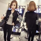 2015秋装黑色棒球服韩版女装单排扣圆领长袖复古印花短款外套夹克