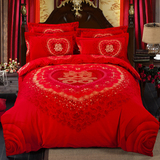 结婚床上用品全棉磨毛婚庆四件套大红床单被套纯棉龙凤新婚六件套