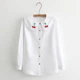 森女日系学生樱桃刺绣花可爱娃娃领纯棉长袖白衬衫衬衣女