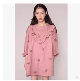 2016春韩国代购名媛气质甜美可爱碎花印花刺绣木耳边粉色连衣裙