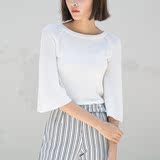 白色针织衫女套头秋季打底衫2016新款韩版学生修身显瘦喇叭袖上衣