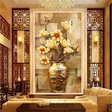 欧式简约3D立体玉兰花铜花瓶玄关墙纸壁画客厅走廊过道背景墙壁纸