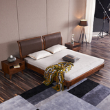 北欧风格简约主义实木床双人床 皮床 1.8米大床北美老榆木卧室床