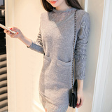 2016秋冬新款女装韩版修身显瘦蕾丝长袖打底衫加绒加厚中长款上衣