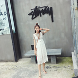 2016夏季新款韩版长裙镂空蕾丝V领收腰连衣裙纯色系腰带背心裙女